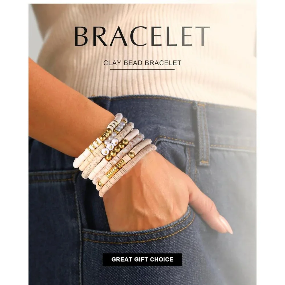Friendship Bracelets Trendy Heishi Clay Bead Bracelets Stack Gold Beaded Stretch - Picture 2 of 7